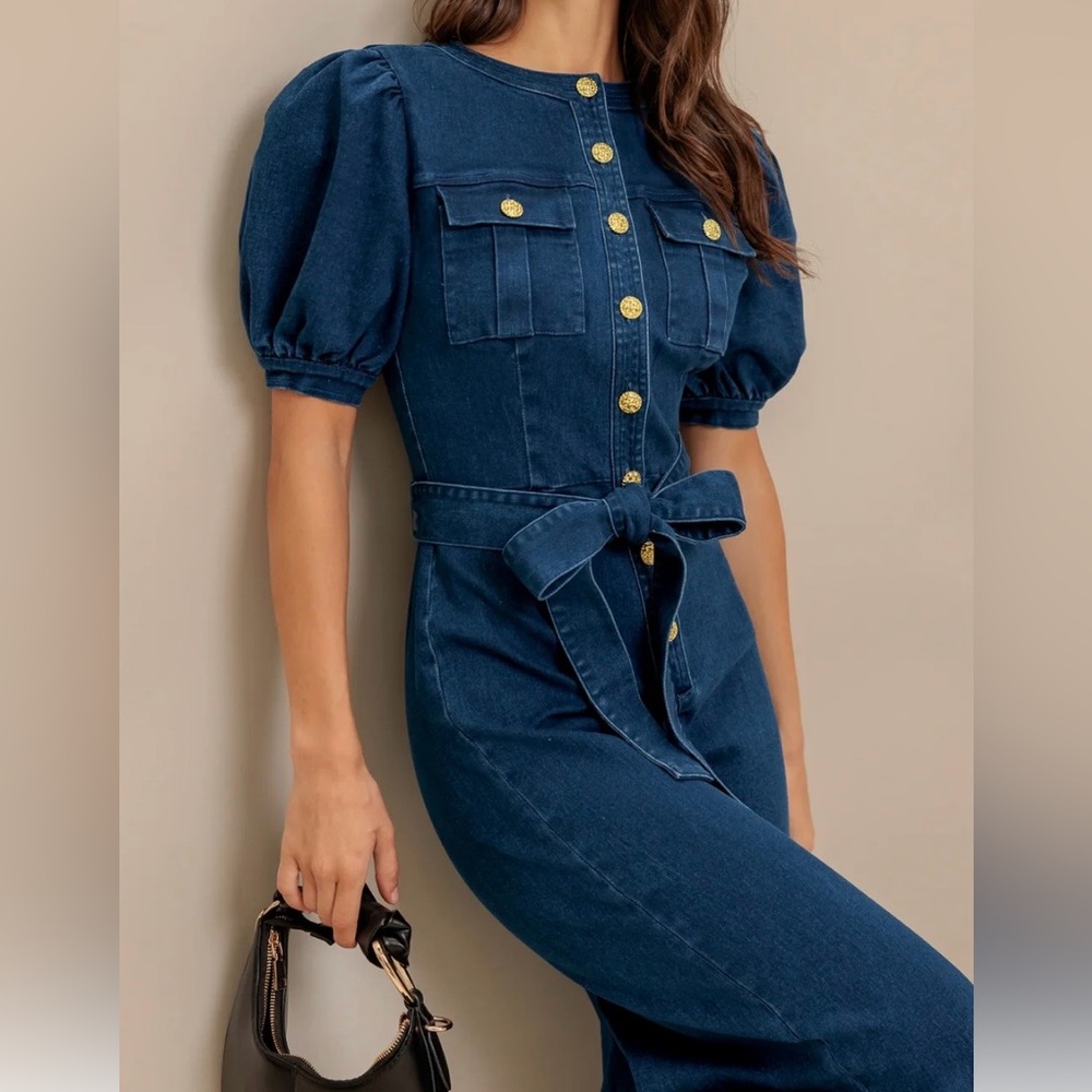 Denim Puff Sleeve Jumpsuit with Gold Buttons